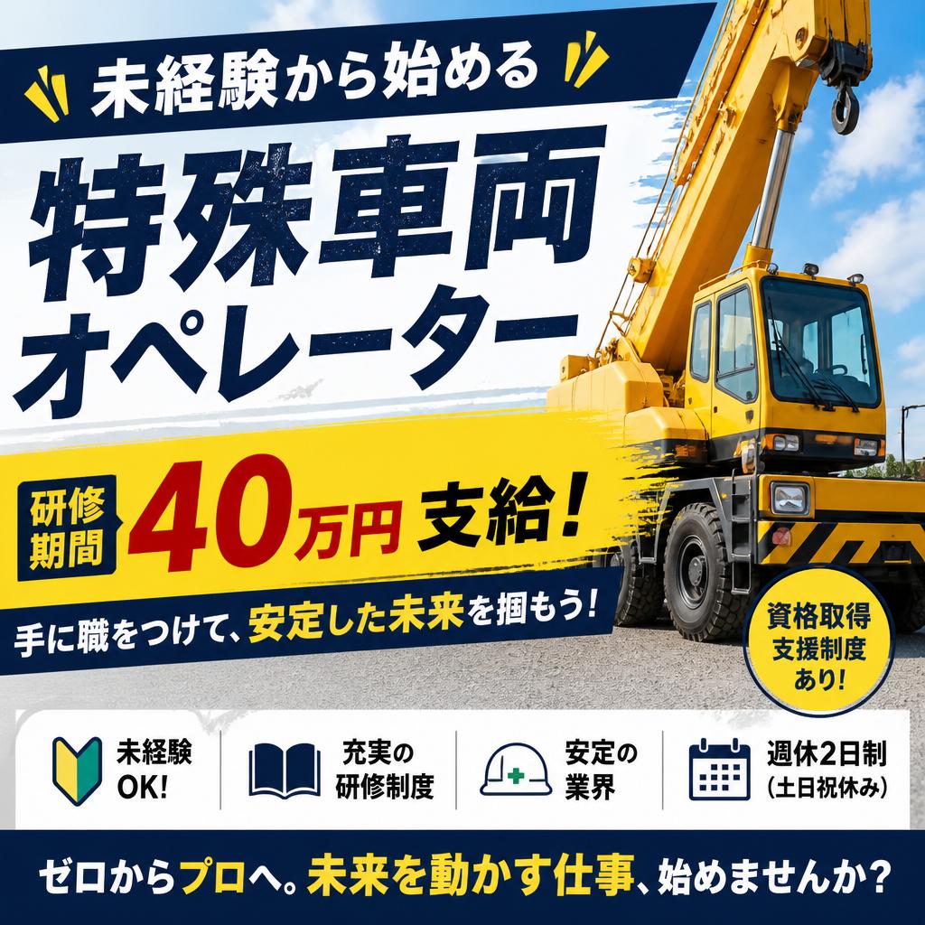 研修期間40万円支給！未経験から始める特殊車両オペレーター