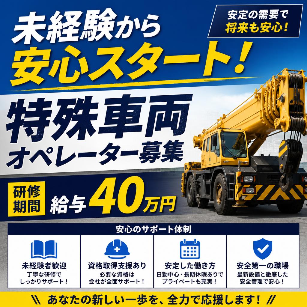 未経験から安心スタート！研修期間給与40万円の特殊車両オペレーター募集