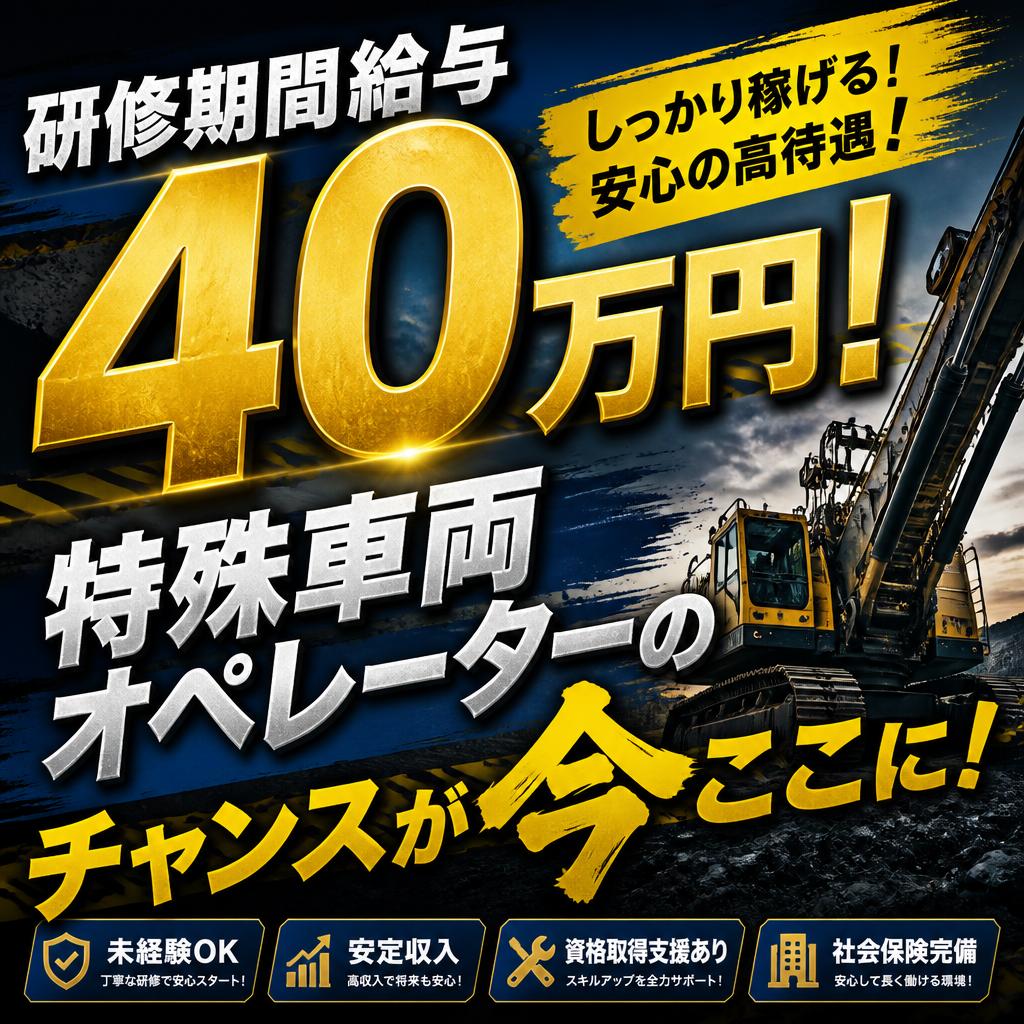 研修期間給与40万円！特殊車両オペレーターのチャンスが今ここに！